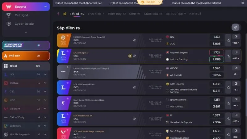 Đa dạng các trò chơi cá cược tại IM Esports