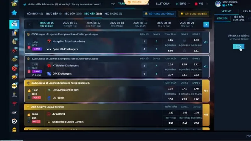 TF Esports đa dạng các trò chơi và kèo cược