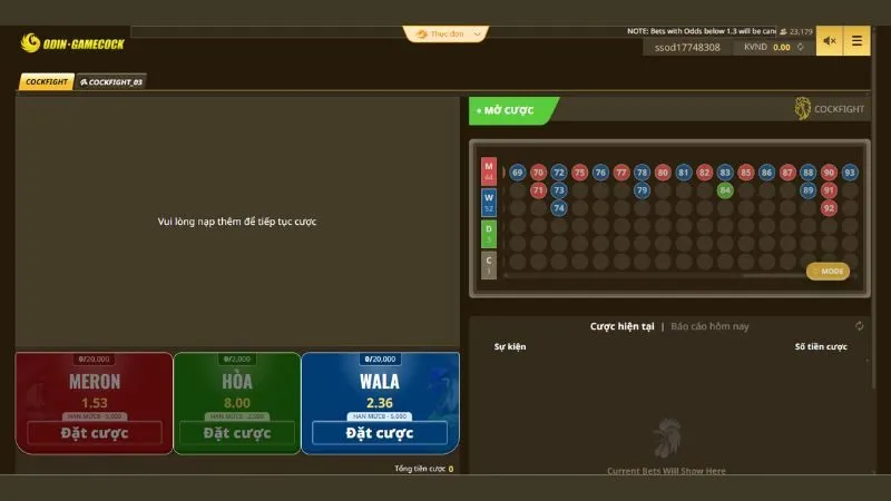 Cửa cược và tỷ lệ cược tại sảnh đá gà ODIN