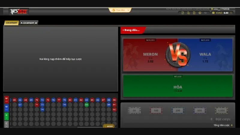 Các cửa cược tại sảnh đá gà WS168