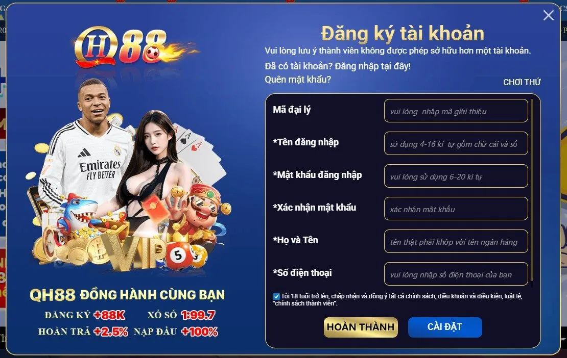Giao diện tạo tài khoản QH88