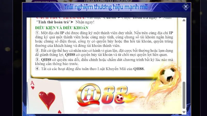 Điều kiện và điều khoản cá cược được công khai tại QH88