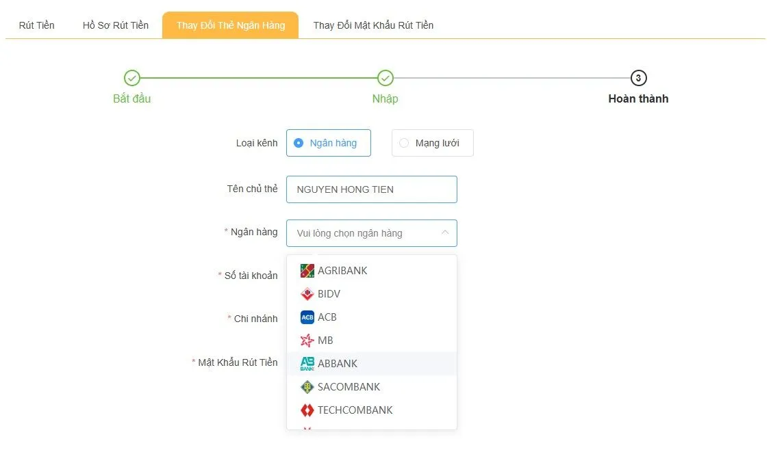Liên kết tài khoản ngân hàng
