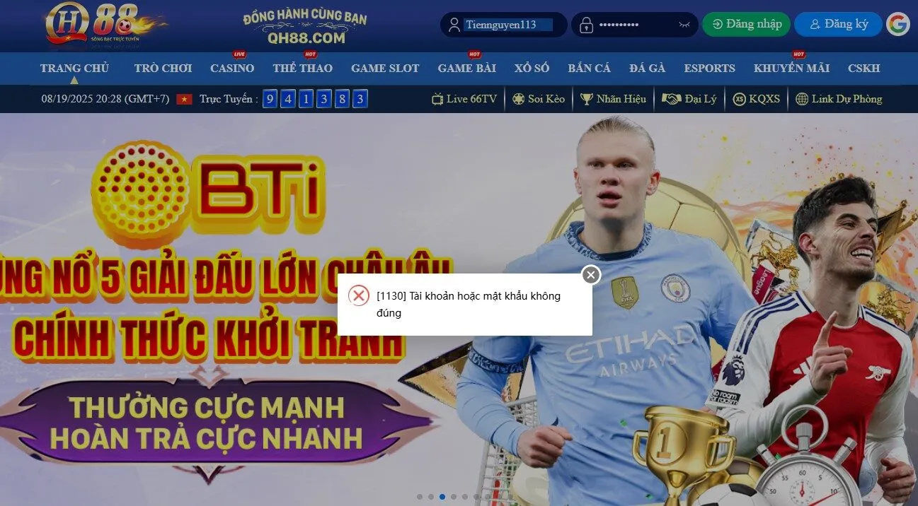 Lỗi sai thông tin tài khoản