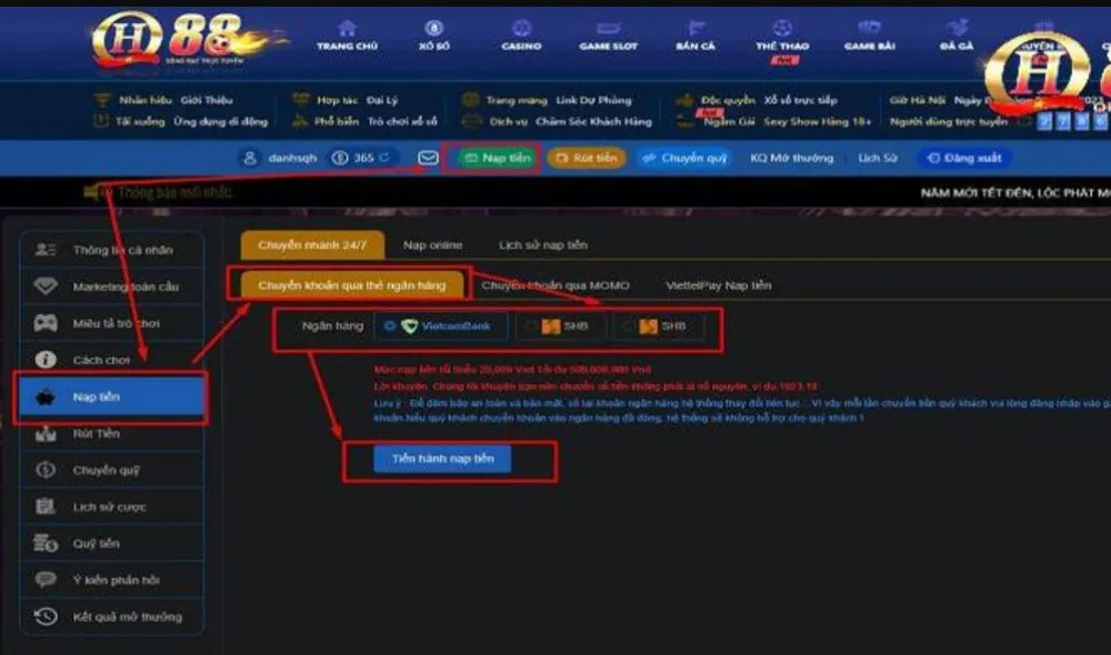 Thao tác nạp tiền tại QH88 đơn giản và diễn ra nhanh chóng