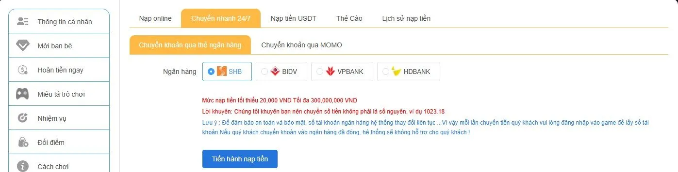 Nạp tiền qua tài khoản ngân hàng