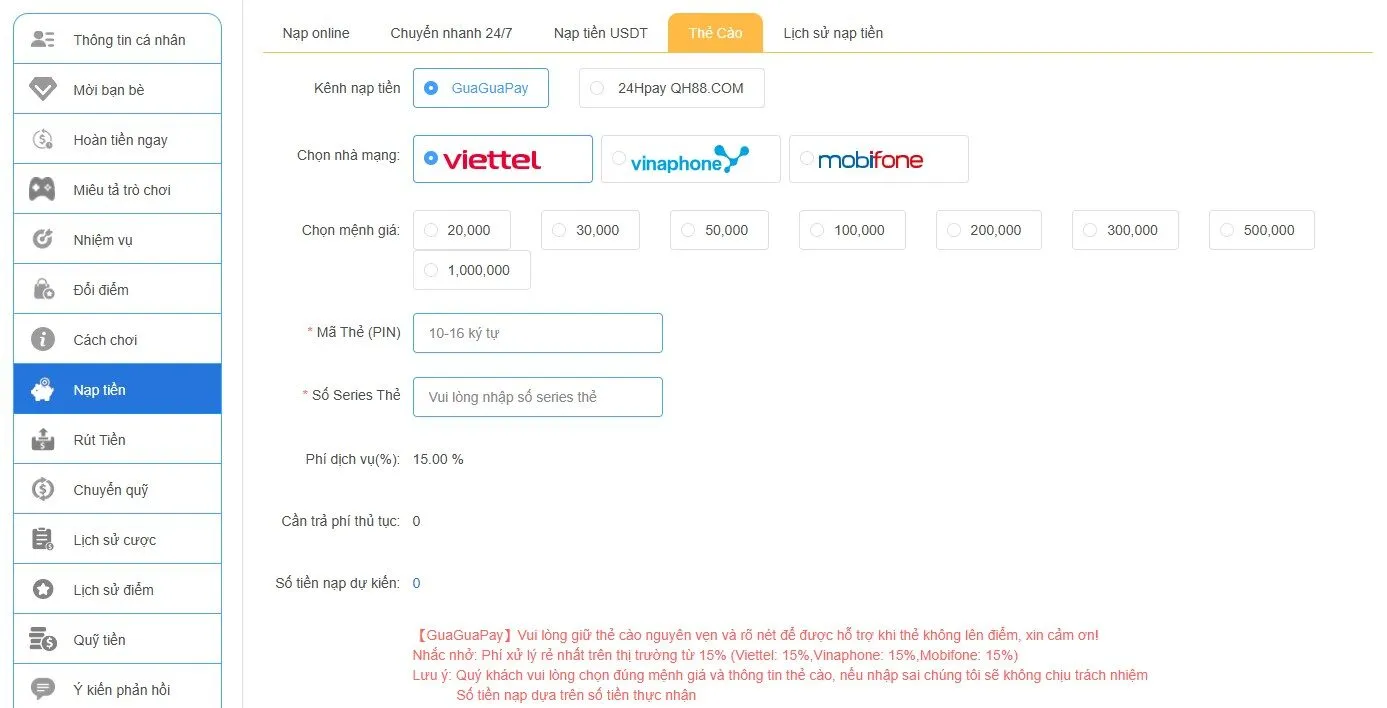 Nạp tiền qua thẻ cào điện thoại
