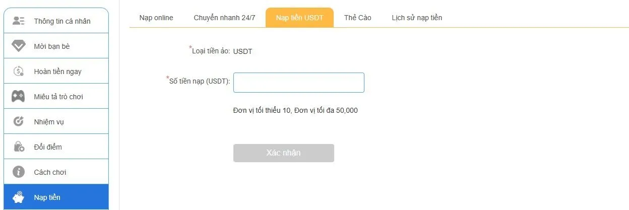 Nạp tiền qua USDT