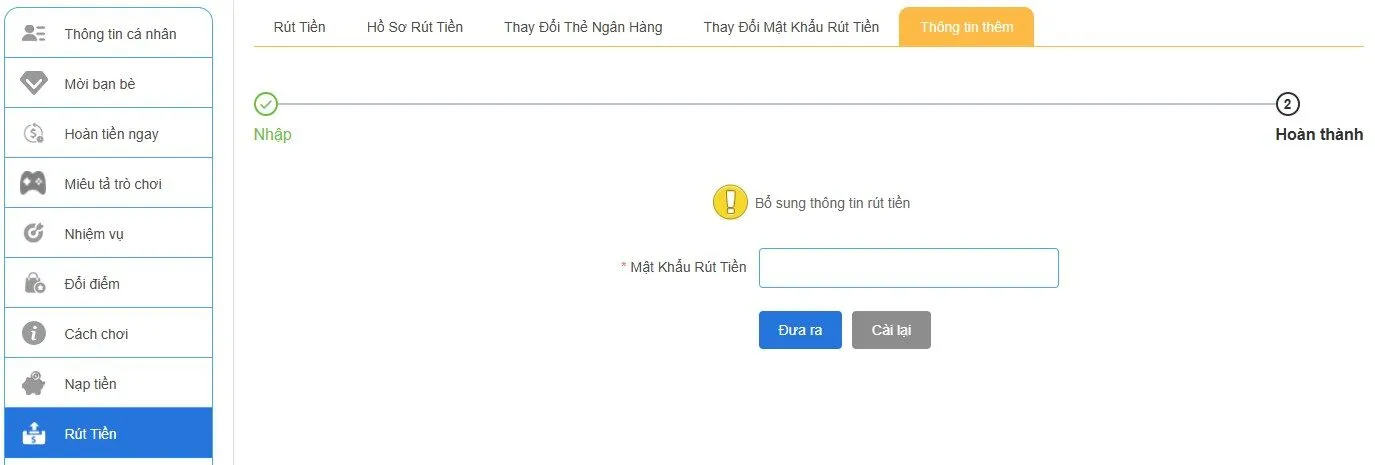 Thiết lập mật khẩu rút tiền